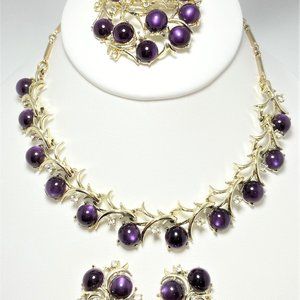 Vintage CORO Parure - Purple Moonstone Lucite Cab Necklace, Brooch & CL Earrings